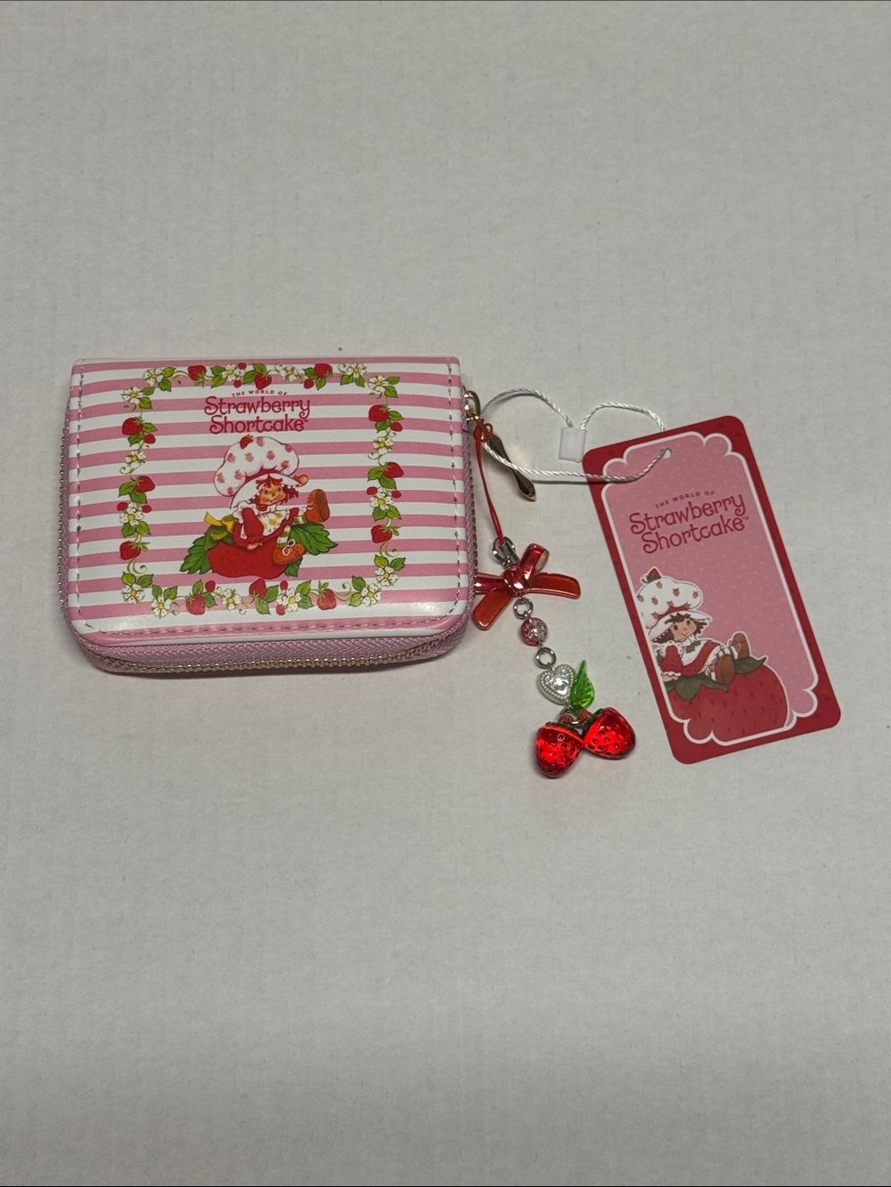 Strawberry Shortcake Pink Striped Zip Coin Wallet with Cherry Charm NWT